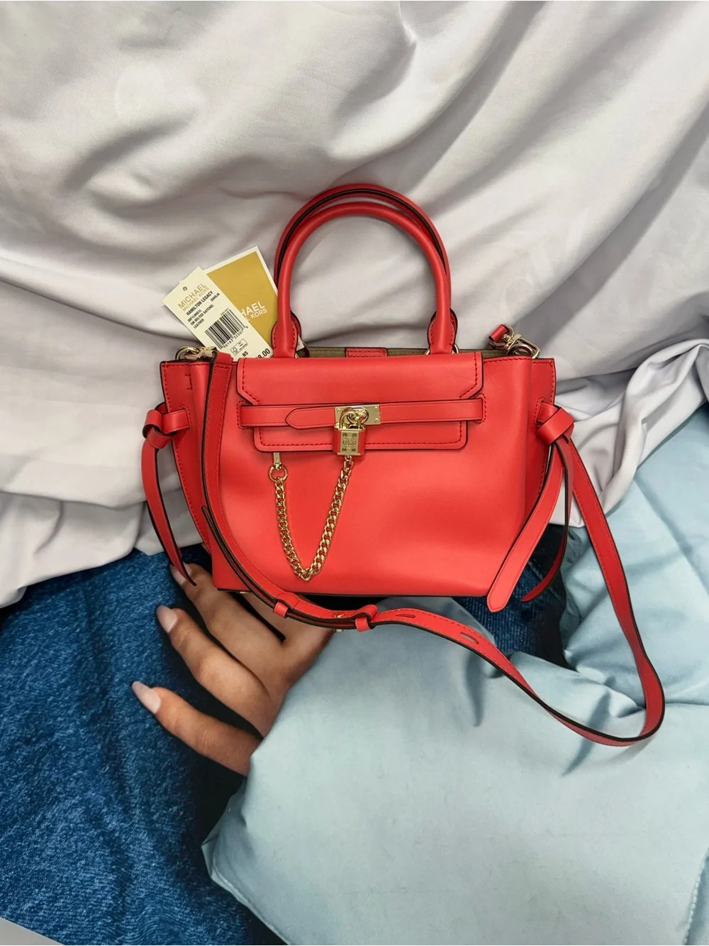 (new+tag) Michael Kors Leather Hamilton Legacy Dahlia Belted Red Pink Satchel - Picture 7 of 16